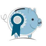 Illustration eines blauen Sparschweins mit einem Prüfsiegel, symbolisiert kostenlose, zertifizierte Jobberatung, finanziert durch Arbeitsagenturen und Jobcenter