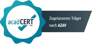 Logo von acadCERT, Zertifizierter Träger nach AZAV, symbolisiert die hohe Qualität und Anerkennung unserer Coaching-Dienstleistungen deutschlandweit