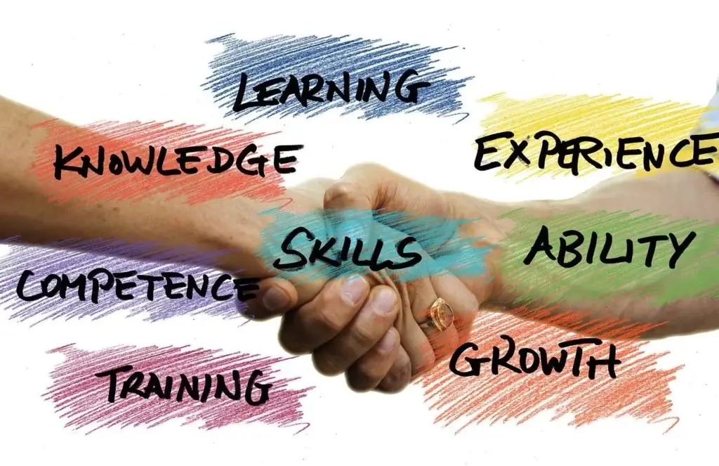 Handschlag mit farbigen Pinselstrichen und Schlüsselwörtern wie 'Learning', 'Skills', und 'Growth', die die Werte und Ziele des Coachings bei Profesco darstellen.