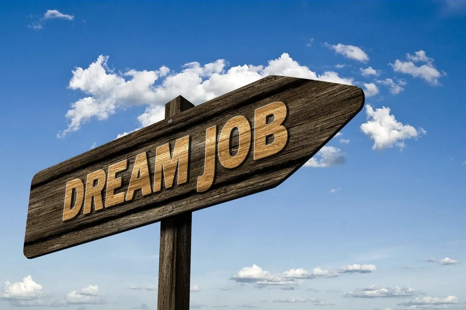 Wegweiser mit Aufschrift 'DREAM JOB' gegen einen blauen Himmel, symbolisiert berufliche Neuorientierung und Zielsetzung im Jobcoaching.
